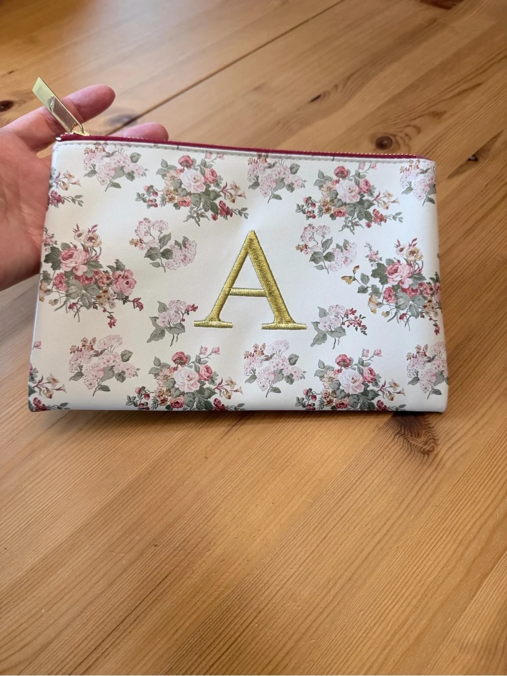 Laura Ashley Cream Floral Cosmetic Pouch with Gold 'A' Monogram